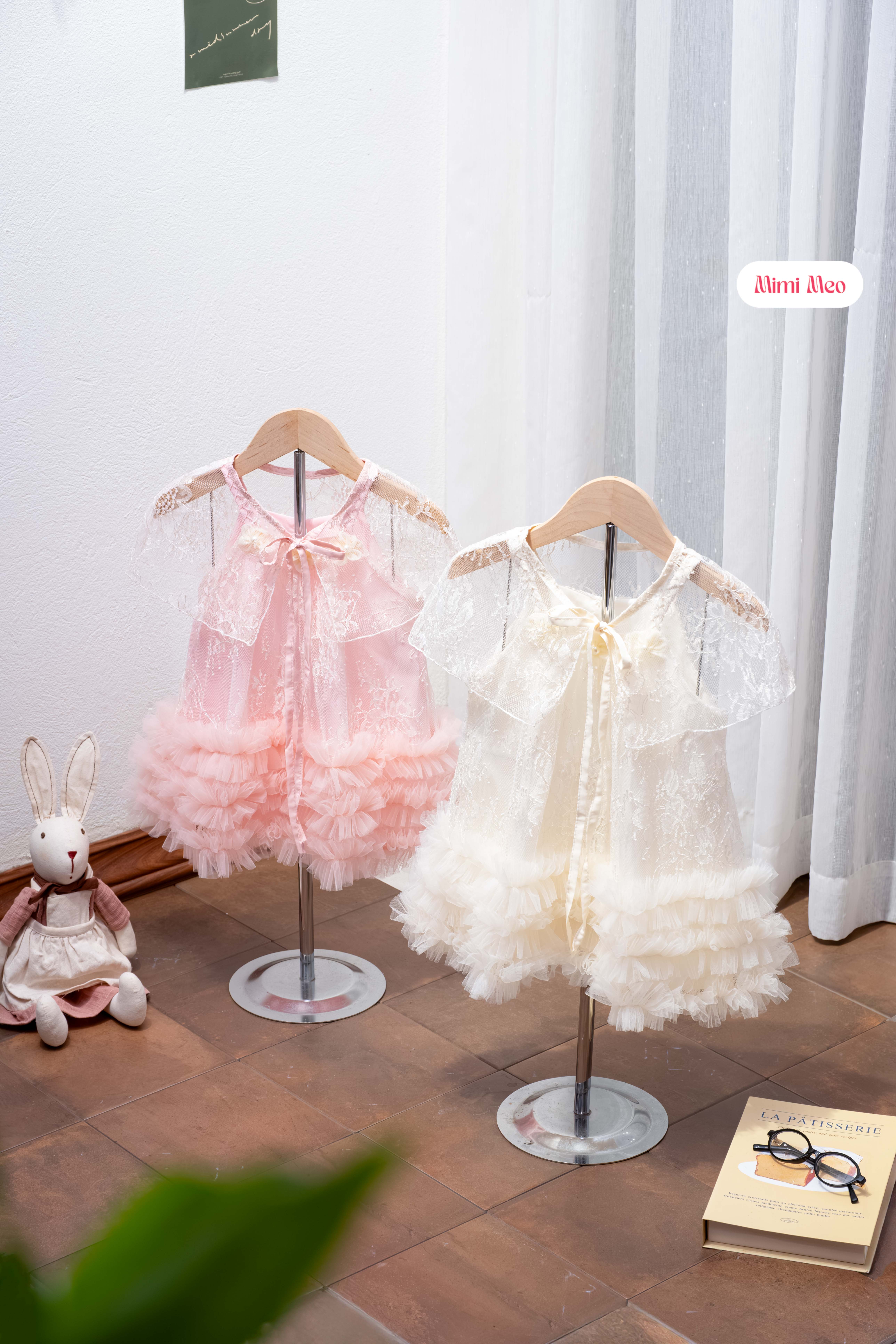 Đầm cape ren bé gái chân váy bồng tầng màu hồng và kem - Mimi Meo